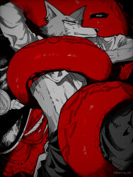  artist_name artist_request beastars bound clenched_teeth clothes_lift english_text furry furry_female furry_male highres legoshi long_sleeves looking_at_viewer looking_to_the_side monochrome navel nervous_sweating pants partially_colored restrained rokume_(beastars) scared snake snake_girl speech_bubble strangling sweat teeth twitter_username veins veiny_arms wolf wolf_boy 