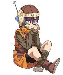  1girl belt_pouch bike_shorts black_shirt black_shorts black_socks blue_eyes blunt_bangs boots brown_boots chrono_trigger closed_mouth full_body glasses headset helmet hosodayo interlocked_fingers long_sleeves looking_at_viewer loose_socks lucca_ashtear orange_tunic own_hands_together pouch purple_hair shirt short_hair shorts sitting socks solo tunic white_background 