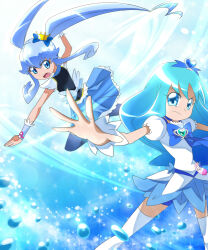  2girls arm_up bike_shorts black_vest blue_background blue_bike_shorts blue_bow blue_choker blue_dress blue_eyes blue_hair blue_shorts blue_theme blue_thighhighs blue_wrist_cuffs bottle bow brooch chest_bow choker closed_mouth commentary crown cure_marine cure_princess d: dress feet_out_of_frame floating_hair floral_dress frilled_dress frilled_sleeves frilled_wrist_cuffs frills frown furrowed_brow gold_crown hair_between_eyes hair_bow hair_ornament happinesscharge_precure! heart heart_brooch heart_hair_ornament heartcatch_precure! highres in-franchise_crossover jewelry knee_up kurumi_erika legs_apart long_hair looking_at_viewer magical_girl mini_crown multiple_girls ocean open_hand open_mouth outstretched_arms outstretched_hand perfume_bottle pouch precure puffy_short_sleeves puffy_sleeves serious shirayuki_hime short_dress short_sleeves shorts sonili spread_fingers teeth thigh-highs twintails two-tone_dress upper_teeth_only very_long_hair vest water_drop whirlwind white_dress white_thighhighs wrist_cuffs zettai_ryouiki 