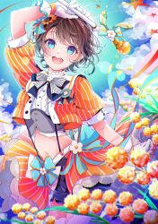  1girl :d absurdres arm_up award_ribbon back_bow bad_id bad_pixiv_id belt beret black_bow black_bowtie black_shorts blue_bow blue_eyes bow bowtie breasts brown_hair clouds corset cropped_jacket cropped_shirt day floral_bow flower frilled_gloves frills garter_straps glint gloves grey_corset hair_flower hair_ornament hat highres holding holding_wand hololive jacket lens_flare medium_breasts midriff muto_(n0sug4r) navel oozora_subaru oozora_subaru_(starlight) open_clothes open_jacket open_mouth orange_flower orange_jacket orange_overskirt outdoors overskirt pinstripe_jacket pinstripe_pattern puffy_short_sleeves puffy_sleeves shirt short_hair short_sleeves shorts smile solo striped_bow striped_bowtie striped_clothes striped_jacket sunflower sunflower_hair_ornament swept_bangs teeth thigh-highs unbuttoned underbust upper_teeth_only vertical-striped_clothes vertical-striped_jacket virtual_youtuber wand white_belt white_bow white_bowtie white_flower white_gloves white_hat white_shirt white_thighhighs 