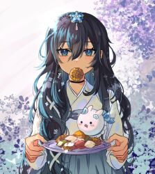  1girl black_choker black_hair blue_eyes blue_nails choker food hair_ornament hanbok holding holding_plate indie_virtual_youtuber jeogori_(clothes) korean_clothes long_hair looking_at_viewer pastry plate seol_(teacuppity)_(vtuber) solo ten-chan_(eternal_s) upper_body virtual_youtuber white_hanbok white_jeogori 