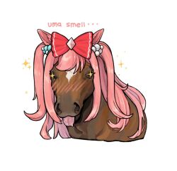  +_+ agnes_digital_(racehorse) agnes_digital_(umamusume) animal_focus animalization borrowed_hairstyle bow commentary english_commentary hair_bow horse lili_(lilistration) long_hair pink_hair real_life recursive_animalization red_bow solo tongue tongue_out umamusume 