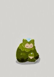  =_= absurdres alternate_form closed_eyes closed_mouth commentary_request evolutionary_line fangs flower flower_on_head highres moss mosslax munchlax no_humans pokemon pokemon_(creature) pokemon_focus pokemon_pokopia simple_background sitting sleeping snorlax zozozoshion 