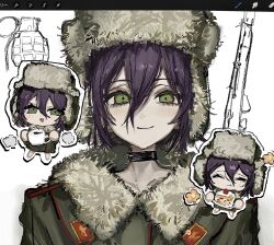 1girl alternate_costume art_program_in_frame black_choker blush cake cake_slice chainsaw_man chibi chibi_inset choker closed_eyes closed_mouth coat coffee collarbone collared_coat commentary_request cup eating explosive flower food fruit full_body fur-trimmed_coat fur-trimmed_headwear fur_trim green_coat green_eyes green_hat grenade grenade_pin gun hair_between_eyes hat highres holding holding_cup holding_plate icing long_hair_between_eyes long_sleeves looking_at_viewer military military_hat military_uniform mokomokopasuta multiple_views open_mouth pink_flower plate purple_hair reze_(chainsaw_man) rifle short_hair simple_background smile sniper_rifle soviet_army strawberry upper_body ushanka weapon white_background 