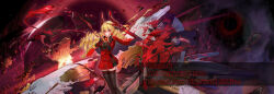  1girl absurdres black_gloves black_thighhighs blonde_hair blood blood_on_face cape chinese_commentary commentary_request dodo1996 dress drill_hair english_text eve_online gloves glowing glowing_eyes highres horns long_hair looking_at_viewer personification pleated_dress quad_drills red_cape red_dress red_eyes red_horns solo thigh-highs titan_(eve_online) very_long_hair zettai_ryouiki 