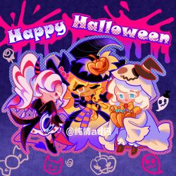  3girls :o ;) ;3 absurdres ankle_boots bass_guitar black_bow black_bowtie black_coat black_hat black_shoes blue_background blue_eyes blue_outline blue_tail boots bow bowtie brown_boots bucket candy cape chinese_commentary closed_mouth coat commentary_request cookie_run cookie_run:_kingdom cream_puff_cookie crossed_legs demon_horns demon_tail dress food full_body geruideyundongxie ghost ghost_costume gradient_outline halftone halloween halloween_bucket hand_on_own_cheek hand_on_own_face happy_halloween hat hat_tip highres holding holding_bass_guitar holding_bucket holding_instrument holding_stuffed_toy horns instrument jack-o'-lantern_hat_ornament lace-up_boots large_hat long_hair long_sleeves looking_at_viewer mini_hat mini_witch_hat multicolored_hair multicolored_horns multiple_girls no_pupils official_alternate_hair_color official_alternate_hairstyle one_eye_closed open_clothes open_coat open_mouth orange_eyes orange_hair orange_pantyhose outline pantyhose parfait_cookie pink_dress pink_hair pink_outline pompon_(cookie_run) pumpkin_pie_cookie purple_pantyhose red_eyes shoes short_hair simple_background sleeves_past_fingers sleeves_past_wrists smile standing standing_on_one_leg streaked_hair striped_clothes striped_horns striped_pantyhose stuffed_animal stuffed_toy tail top_hat twintails two-sided_cape two-sided_fabric two-tone_hair two-tone_horns two-tone_pantyhose white_hair wide_sleeves witch_hat wrapped_candy 