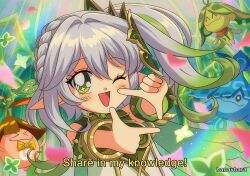  +_+ 1990s_(style) 1girl 3others arakavi_(genshin_impact) arama_(genshin_impact) aranara_(genshin_impact) ararycan_(genshin_impact) artist_name bare_shoulders blue_eyes blue_hat blue_skin blush bracelet braid brown_hat cape closed_eyes closed_mouth colored_skin cross-shaped_pupils detached_sleeves dress english_commentary english_text eyelashes flying gem genshin_impact gold_bracelet green_cape green_eyes green_gem green_hair green_hat green_skin grey_hair hair_between_eyes hair_ornament hanavbara hands_up hat heart heart_hair_ornament jewelry leaf leaf_hair_ornament long_hair looking_at_viewer multicolored_hair multiple_others nahida_(genshin_impact) one_eye_closed open_mouth orange_skin petals pointy_ears retro_artstyle short_sleeves side_braid side_ponytail smile standing star_(symbol) symbol-shaped_pupils tongue two-tone_hair vision_(genshin_impact) white_dress 