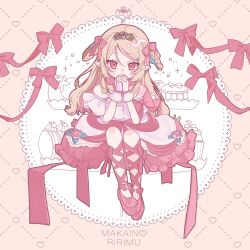  1girl 55ki75 ankle_lace-up bare_shoulders blush bow braid braided_hair_rings character_name colored_inner_hair commentary_request covered_mouth criss-cross_halter dress dress_bow dress_flower flower food-themed_background footwear_bow frilled_dress frills full_body gloves grey_hair hair_intakes hair_ornament hair_over_shoulder hair_ribbon hair_rings hairclip halterneck heart heart-shaped_gem heart_background heart_in_eye highres knees_up leg_bow long_hair looking_at_viewer makaino_ririmu multicolored_hair nijisanji no_socks nose_blush off-shoulder_dress off_shoulder official_alternate_costume official_alternate_hairstyle own_hands_clasped own_hands_together pink_bow pink_dress pink_hair pink_ribbon pink_shoes pink_streaks pointy_ears polka_dot red_eyes ribbon shoes side_part side_up_ring sidelocks sitting solo star_(symbol) star_hair_ornament straight-on streaked_hair swept_bangs symbol_in_eye tiara two-tone_dress two-tone_hair two_side_up virtual_youtuber white_dress white_gloves 