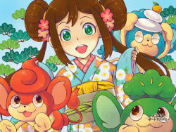  1girl aqua_eyes art_academy_(medium) brown_hair commentary_request double_bun floral_print floral_print_kimono flower food fruit green_sash hair_bun hair_flower hair_ornament japanese_clothes kagami_mochi kimono long_sleeves mandarin_orange monkey obi obiage obijime open_mouth panpour pansage pansear pink_flower pokemon pokemon_(creature) pokemon_bw2 print_kimono red_flower rosa_(pokemon) saikachi_(ogre_tree) sash teeth twintails upper_teeth_only wide_sleeves 