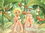  ahoge aqua_hair barefoot blonde_hair blue_eyes fairy gagraphic green_eyes green_hair multiple_girls panties pointy_ears rain shigatake short_hair sitting teruterubouzu underwear wallpaper wings 