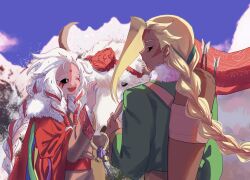  2others ;d ananas_dragon_cookie animal arrow_(projectile) backlighting bag_behind_back bell black_sclera blonde_hair braid braided_ponytail braided_sidelocks brown_bag brown_hanfu brown_horns chinese_clothes chinese_commentary clouds colored_eyelashes colored_sclera colored_skin commentary_request cookie_run cookie_run:_ovenbreak cumulonimbus_cloud dark_skin day earrings facial_mark fang food-themed_hair forehead_mark from_behind fur-trimmed_sleeves fur_trim geruideyundongxie green_hanfu green_ribbon hair_behind_ear hair_ribbon hand_up hanfu highres horns humanization jewelry jingle_bell long_hair long_sleeves looking_at_another multiple_others one_eye_closed open_mouth other_focus outdoors parted_lips pink_skin pitaya_dragon_cookie profile purple_sky red_ribbon ribbon single_braid sky smile snow stud_earrings tri_braids upper_body very_long_hair white_eyelashes white_eyes white_hair wide_sleeves 