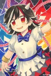  1girl arrow_print bad_id bad_pixiv_id black_hair blue_bow blue_bowtie blush bow bowtie commentary_request cone_horns danmaku dress grey_horns highres horns kijin_seija looking_at_viewer maa_(forsythia1729) multicolored_hair open_mouth puffy_short_sleeves puffy_sleeves red_eyes red_hair short_sleeves small_horns smile solo streaked_hair touhou white_dress white_hair 