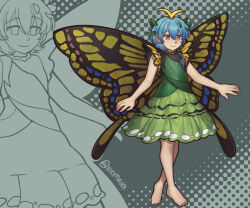  1girl antennae arthropod_girl barefoot blue_hair blue_trim blue_wings brown_eyes butterfly_girl butterfly_wings closed_mouth commentary crossed_bangs double-parted_bangs dress english_commentary eternity_larva frilled_dress frills full_body green_dress grey_background hair_between_eyes halftone halftone_background hidden_star_in_four_seasons insect_wings layered_dress leaf_in_hair monochrome_background multicolored_wings shg_(hiomaika) short_hair sleeveless sleeveless_dress smile solo touhou twitter_username wings yellow_trim yellow_wings zoom_layer 