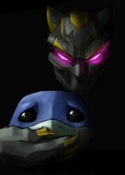  1boy black_background black_eyes black_panther_(marvel) black_panther_(series) claws commentary covering_another's_mouth dark english_commentary furrowed_brow glowing glowing_eyes gregory_house_kidnap_a_child_(meme) highres jeff_the_land_shark looking_at_viewer male_focus marvel marvel_rivals mask meme peril pink_eyes pocho22059768 prowler_goku_(meme) scared shark superhero_costume 