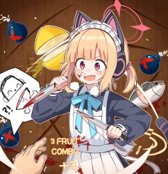  !? 1boy 1girl :d absurdres animal_ear_headphones animal_ears apron aqua_ribbon black_dress blonde_hair blood blood_on_clothes blood_on_face blood_on_knife blue_archive blunt_bangs blush bomb borrowed_clothes bow cat_ear_headphones cat_ears cat_tail chinese_commentary clip_studio_paint_(medium) collared_dress commentary_request contrast_collar cutting death_momoi_(meme) doodle_sensei_(blue_archive) dress drooling dual_wielding english_text explosive fake_animal_ears fake_tail fang fish food frilled_apron frills fruit fruit_ninja hair_bow halo headphones highres holding holding_knife knife lemon long_sleeves maid maid_apron maid_headdress making-of_available meme momoi_(blue_archive) momoi_(maid)_(blue_archive) mouth_drool neck_ribbon official_alternate_costume official_alternate_hairstyle open_mouth outline pink_bow pink_eyes pink_halo pov pov_hands power_symbol puffy_long_sleeves puffy_sleeves reverse_grip ribbon sensei_(blue_archive) short_hair short_twintails sidelocks skin_fang smile solo_focus spoken_character sweat tail teeth trembling twintails upper_body upper_teeth_only v-shaped_eyebrows white_apron white_outline yangfan yellow_halo yuzu_(blue_archive) 