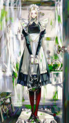  1girl absurdres alternate_costume bag bathroom blonde_hair commentary dirty dirty_face edelgard_von_hresvelg fire_emblem fire_emblem:_three_houses full_body gloves highres holding holding_bag indoors lkppp long_hair long_sleeves looking_at_viewer maid maid_headdress messy_room open_door pantyhose parted_bangs parted_lips puffy_long_sleeves puffy_sleeves red_pantyhose solo standing violet_eyes white_gloves 