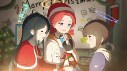  3girls :d ^_^ aged_up alternate_costume alternate_hairstyle aqua_halo aris_(blue_archive) black_hair black_hairband black_ribbon blue_archive blue_halo blue_hoodie blunt_bangs blush bow brown_eyes brown_hair capelet christmas christmas_ornaments christmas_tree closed_eyes collared_shirt commentary facing_another forehead from_side fur-trimmed_capelet fur-trimmed_sleeves fur_trim gift gloves hair_bow hair_ribbon hairband halo hamachikichiki hat headphones headphones_around_neck highres holding holding_gift hood hood_down hoodie id_card indoors jacket long_hair long_sleeves looking_at_another low_ponytail medium_hair millennium_science_school_logo multiple_girls musical_note musical_note_print open_clothes open_jacket open_mouth orange_halo parted_bangs ponytail profile rectangular_halo red_capelet red_gloves red_hair ribbon santa_costume santa_hat school_uniform shirt short_ponytail smile translation_request very_long_hair violet_eyes white_bow white_jacket white_shirt yuzu_(blue_archive) 
