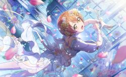  1girl braid falling_petals flower from_behind game_cg gloves hair_flower hair_ornament highres hoshizora_rin indoors looking_at_viewer looking_back love_live! love_live!_school_idol_festival_2 love_live!_school_idol_project official_art open_mouth orange_hair petals short_hair single_glove solo standing third-party_source white_gloves yellow_eyes yellow_flower 