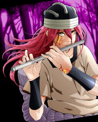  1girl absurdres black_border border bracelet commentary curse_seal flute forest hair_between_eyes helmet highres holding holding_instrument instrument jewelry long_hair looking_at_viewer music naruto_(classic) naruto_(series) nature orange_eyes playing_flute playing_instrument purple_background red_hair saburo_des shirt short_sleeves tayuya_(naruto) undershirt upper_body variant_set white_shirt 