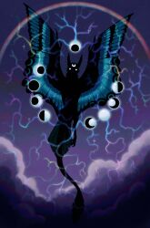  blue_wings clouds commentary crescent crescent_ornament dragon electricity english_commentary flying highres jejejunum lightning magic monster monster_focus moon moon_phases nethermare original purple_clouds purple_sky rainbow sky solo spread_wings tail traditional_harpy whisper_(jejejunum) wings 