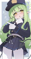  1girl armband black_skirt black_tail blue_archive blue_armband buttons commentary_request cowboy_shot demon_tail double-breasted gloves green_hair green_halo halo hat highres hikari_(blue_archive) izuoku jacket long_hair long_sleeves looking_at_viewer open_mouth pantyhose peaked_cap pleated_skirt pointy_ears sidelocks skirt solo tail translation_request white_gloves white_pantyhose yellow_eyes 