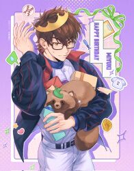  1boy ace_of_diamond animal arm_up baseball_uniform belt black-framed_eyewear black_belt border box brown_eyes brown_hair character_name chinese_commentary closed_mouth commentary_request corrupted_twitter_file crown gift gift_box happy_birthday highres holding holding_animal holding_box light_blush looking_at_viewer male_focus miyuki_kazuya outside_border pants purple_border rectangular_eyewear seidou_high_school_jacket semi-rimless_eyewear short_hair solo sportswear under-rim_eyewear white_pants zechengm19 