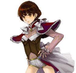  1girl bad_drawr_id bad_id baten_kaitos baten_kaitos_origins bodice bow brown_hair capelet capelet_bow closed_mouth cowboy_shot earrings hands_on_own_hips jewelry long_sleeves low_ponytail medium_hair micro_shorts milly_(baten_kaitos) orange_eyes pink_shirt ponytail red_capelet saikachi_(ogre_tree) shirt shorts simple_background sleeve_bow smile solo waist_cape white_background white_bow white_shorts 