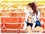  air_gear bag bikini_top breasts brown_hair candy cleavage front-tie_top glasses hair_ribbon highres kneehighs lollipop long_hair loose_socks mouth_hold navel necktie noyamano_ringo oogure_ito open_clothes open_shirt ribbon school_bag school_uniform shirt sitting skirt socks solo star twintails wallpaper wink 