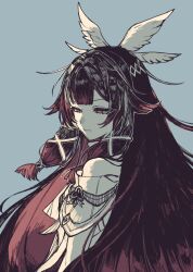  1girl black_hair colored_inner_hair columbina_(genshin_impact) commentary from_side genshin_impact grey_background half-closed_eyes head_wings kinich_requiem limited_palette long_hair multicolored_hair symbol-only_commentary wings 