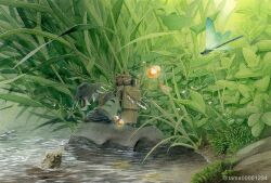  1other bead_necklace beads black_hakama bug commentary_request dragonfly fishing fishing_rod flower gourd green_kimono hakama hakama_pants hat highres holding holding_fishing_rod japanese_clothes jewelry jingasa kimono lantern mask mummy necklace original outdoors pants paper paper_lantern plant river rock seiza shide sitting tama_(amedamadou) tassel toad_(animal) twitter_username white_flower wide_sleeves 