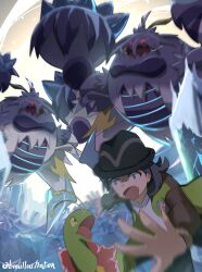  1boy alpha_pokemon antennae black_hair black_hat bo_(bouillustration) bracelet commentary_request crabominable eye_trail fleeing green_jacket hat highres ice jacket jewelry light_trail long_sleeves mega_crabominable mega_pokemon meganium motion_blur open_clothes open_jacket open_mouth paxton_(pokemon) pokemon pokemon_(creature) pokemon_legends:_z-a red_eyes scared shirt short_hair twitter_username white_shirt yellow_eyes 