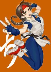  1girl absurdres braid breasts brown_eyes brown_hair commentary_request dougi fingerless_gloves gloves headband highres kasutank long_hair looking_at_viewer open_mouth red_headband ryuuko_no_ken shoes single_braid smile sneakers solo spandex v yuri_sakazaki 