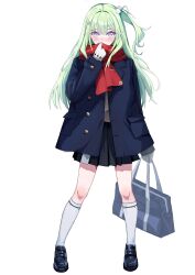  1girl absurdres aoba_nene arm_at_side bag black_shoes black_skirt blazer blue_jacket blush buttons commentary_request covered_mouth double-parted_bangs full_body gloves green_hair hair_ornament hand_up highres holding holding_bag jacket kneehighs korean_commentary layered_sleeves legs_apart loafers long_hair long_sleeves looking_at_viewer miniskirt one_side_up pleated_skirt pom_pom_(clothes) pom_pom_hair_ornament red_scarf scarf school_bag school_uniform shoes simple_background skirt socks solo standing stellive straight_hair unbuttoned violet_eyes virtual_youtuber white_background white_gloves white_socks yuzuha_riko 