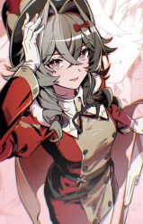  1girl absurdres alternate_costume breasts brown_hair chinese_commentary commentary_request dress enioreh grey_eyes gun hair_intakes hair_ribbon hat highres holding holding_weapon honkai_(series) honkai_impact_3rd large_breasts musket red_dress red_ribbon ribbon solo top_hat vill-v weapon zoom_layer 