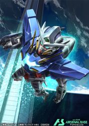  bandai blue_eyes commentary_request company_name copyright_name copyright_notice earth_(planet) flying gn_drive gundam gundam_00 gundam_arsenal_base gundam_exia light_particles mecha mecha_focus mobile_suit ninnin_(shishitou) no_humans official_art planet robot science_fiction solo space v-fin 