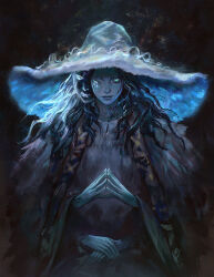  1girl aqua_eyes black_hair blue_skin cateille cloak colored_skin dress elden_ring extra_arms fur_cloak glowing glowing_eyes hat highres long_hair looking_at_viewer one_eye_closed own_hands_together ranni_the_witch sitting solo steepled_fingers white_dress white_hat wide_brim witch_hat 