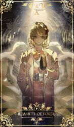  1girl blonde_hair book bow bowtie braid card_(medium) coat commentary_request crown_braid dress duanxiaosheng1 gold_border green_eyes hairband highres holding holding_book lapels library_of_ruina medium_hair notched_lapels orange_bow orange_bowtie orange_dress orange_hairband project_moon solo tarot tarot_(medium) tiphereth_a_(project_moon) wheel_of_fortune_(tarot) yellow_coat 