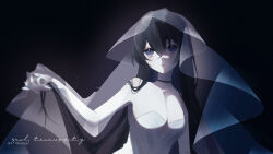  1girl bare_arms bare_shoulders black_background black_hair blue_eyes dress highres indie_virtual_youtuber long_hair miru_(miruzuya) off-shoulder_dress off_shoulder see-through_clothes see-through_veil seol_(teacuppity)_(vtuber) sidelighting simple_background sleeveless sleeveless_dress solo upper_body veil virtual_youtuber white_dress 
