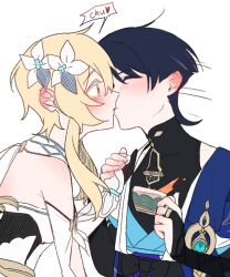  1boy 1girl anemo_symbol_(genshin_impact) arm_cutout armor bare_shoulders black_bodysuit black_bridal_gauntlets black_hair blonde_hair blue_cape blue_flower blue_gem blue_kimono blue_sleeves blue_trim blunt_ends blush bodysuit breasts bridal_gauntlets cape choppy_bangs closed_eyes clothing_cutout colored_eyelashes couple covered_collarbone cup detached_sleeves dress ear_blush eyelashes fingernails flower gem genshin_impact gold_ring grey_trim hair_flower hair_ornament hand_on_another's_hand hand_on_another's_shoulder heart hetero highres holding holding_cup japanese_armor japanese_clothes juban kimono kiss kote kurokote layered_sleeves leaning_forward lumine_(genshin_impact) mandarin_collar middle_ring motion_lines multicolored_flower multicolored_hair open_clothes open_kimono purple_hair san_bgb scaramouche_(genshin_impact) scarf short_hair short_hair_with_long_locks short_sleeves shoulder_blades shoulder_peek sidelocks small_breasts sound_effects speech_bubble spilling streaked_hair surprise_kiss surprised sweatdrop teacup vision_(genshin_impact) wanderer_(genshin_impact) white_background white_dress white_flower white_kimono white_scarf white_sleeves yellow_eyes 