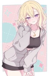  1girl bang_dream! bang_dream!_it's_mygo!!!!! black_sports_bra blonde_hair blush breasts commentary e20 grey_jacket highres jacket jewelry long_sleeves looking_at_viewer medium_breasts medium_hair misumi_uika necklace open_mouth partially_unzipped sleeves_past_wrists solo spaghetti_strap sports_bra violet_eyes 