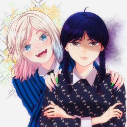  2girls :d black_nails blonde_hair blue_eyes blue_hair braid closed_mouth colored_eyelashes colored_tips commentary crossed_arms english_commentary enid_sinclair enjelicious fangs fingernails freckles gradient_hair hands_on_another's_shoulders highres multicolored_hair multicolored_nails multiple_girls nail_polish pink_lips sharp_fingernails short_hair smile the_addams_family twin_braids wednesday_(netflix) wednesday_addams white_eyelashes 
