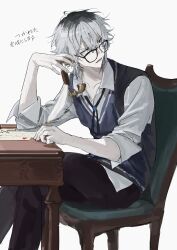  1boy black_eyes black_pants blue_vest chair collared_shirt commentary corded_phone elbow_rest glasses grey_hair hair_between_eyes highres holding holding_phone hunched_over looking_to_the_side male_focus mole mole_on_cheek multicolored_hair open_mouth original pants paper phone roots_(hair) sanpaku serious shirt short_hair simple_background sini_user sitting solo symbol-only_commentary table translation_request vest white_background white_shirt 