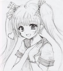  1girl :d ahoge bead_bracelet beads blush bow bracelet commentary_request gingham_bow graphite_(medium) greyscale hair_bow hands_clasped_in_delight heart ichiha_sanami jewelry monochrome open_mouth original own_hands_together sailor_collar shirt short_sleeves simple_background smile solo traditional_media twintails upper_body 