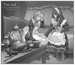  absurdres apron bandaged_head bandages bed boots brodie_helmet combat_helmet cup dent dress english_text glasses helmet high_heel_boots high_heels highres indoors ivan_yakushev maid maid_apron maid_headdress original plate saucer tea_set teacup teapot tray wrist_cuffs 