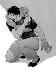  1boy baggy_pants commentary_request compression_shirt fushiguro_touji grey_background greyscale holding holding_weapon inventory_curse_(jujutsu_kaisen) jj59u jujutsu_kaisen male_focus monochrome muscular muscular_male pants short_hair simple_background solo squatting two-tone_background weapon weapon_in_mouth white_background 
