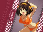  brown_hair leaning_forward short_hair suzumiya_haruhi suzumiya_haruhi_no_yuuutsu swimsuit tankini wallpaper 