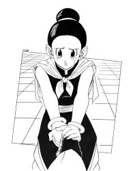  1girl absurdres chi-chi_(dragon_ball) chinese_clothes closed_mouth commentary crying double_bun dragon_ball dragon_ball_z english_commentary from_above greyscale hair_bun highres holding_hands indoors kneeling long_sleeves looking_at_viewer monochrome pov pov_hands roub3d sad sash simple_background solo tears wooden_floor 