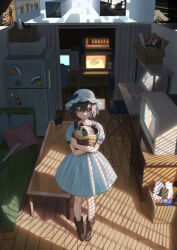  1girl absurdres black_hair blue_bow blue_dress blue_hat boots bow box brown_boots cardboard_box chair claymore_(mine) closed_mouth commentary computer couch cut-away dr_pepper dress explosive from_above full_body green_eyes hat hat_bow highres holding holding_stuffed_toy indoors looking_at_viewer magnet microwave mine_(weapon) monitor naruto_maki_(naruto05) office_chair pillow puffy_short_sleeves puffy_sleeves refrigerator refrigerator_magnet science_adventure shiina_mayuri short_dress short_hair short_sleeves solo spoilers steins;gate stuffed_toy swivel_chair table television upa_(steins;gate) window_shadow wooden_floor 
