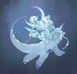  1girl blue_background blue_dress blue_eyes blue_hair blue_theme bouquet braid centauroid commentary_request crescent_moon dragon_ears dragon_girl dragon_wings dress flying full_body highres holding holding_bouquet horns hoshi_rousoku long_hair looking_at_viewer monster_girl moon multiple_braids original single_horn solo tail taur very_long_hair wings 