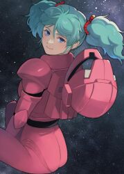  1girl aqua_hair blue_eyes bodysuit char's_counterattack closed_mouth commentary from_side gundam hair_between_eyes helmet highres invisible_chair kasumi_(skchkko) looking_at_viewer mecha_pilot_suit nebula normal_suit_(gundam) pilot_helmet pink_bodysuit quess_paraya sitting smile solo space spacesuit star_(sky) turning_head twintails uneven_twintails unworn_headwear unworn_helmet 